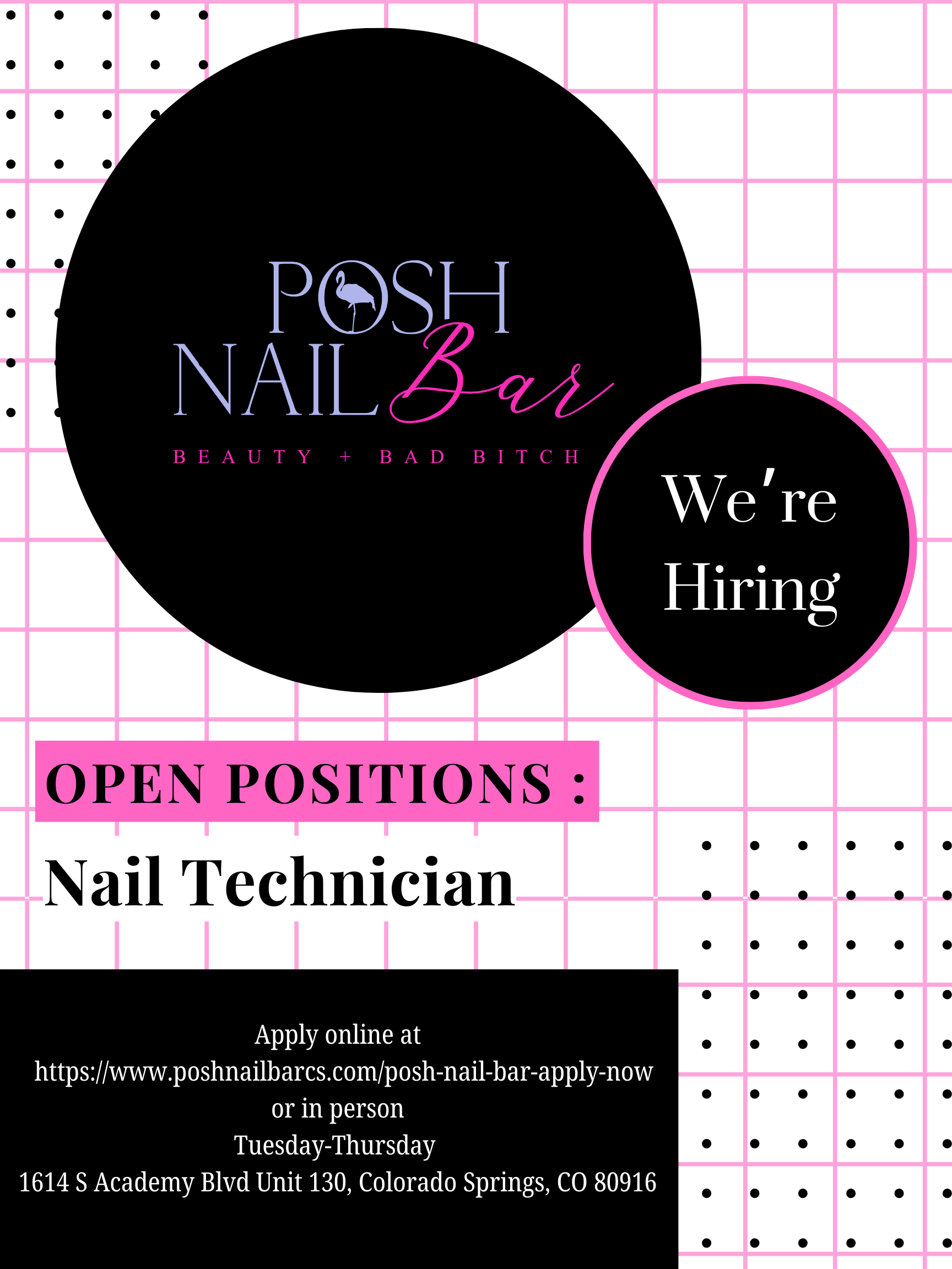 Posh Nail Bar We’re Hiring open positions : Nail Technician Apply online at https://www.poshnailbarcs.com/posh-nail-bar-apply-now or in person Tuesday-Thursday 1614 S Academy Blvd Unit 130, Colorado Springs, CO 80916